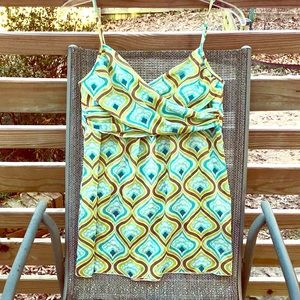 Trina Turk Green Blue Abstract Print Empire Waist Blouse Camisole Top sz 4 Sm